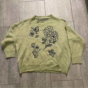 Floral Printed Green Vintage-Style Sweater